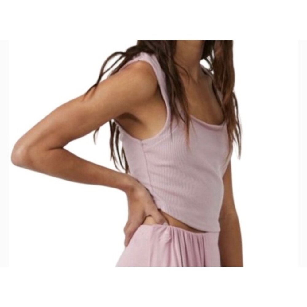 Free People Beach Rib Crop Tank Top Square Neck Sleeveless Polyester Blend Pink